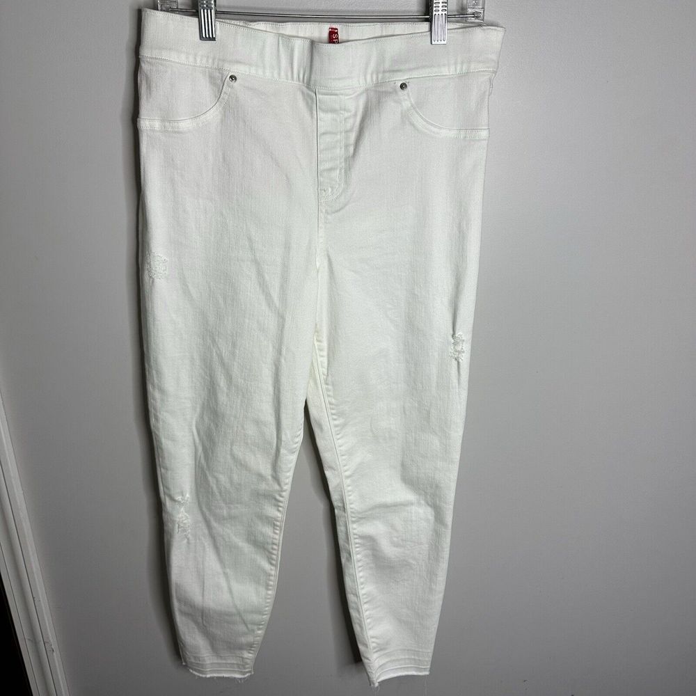 Women's‎ SPANX Size Large White Distressed Straight Leg High Rise Jeans